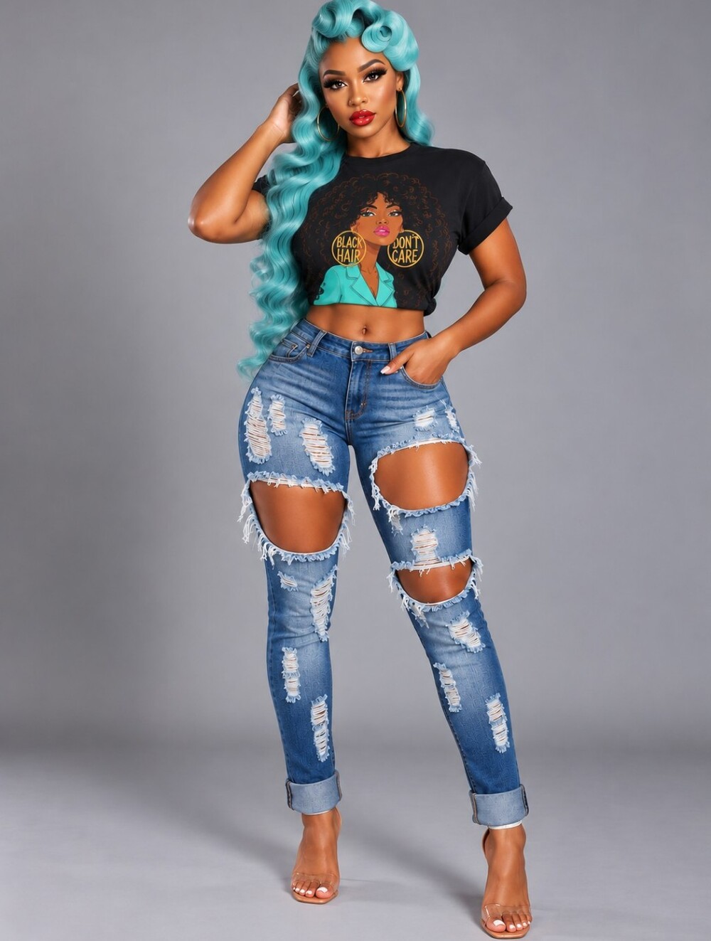 DISTRESSED DENIM LARGE HOLE BLUE JEANS